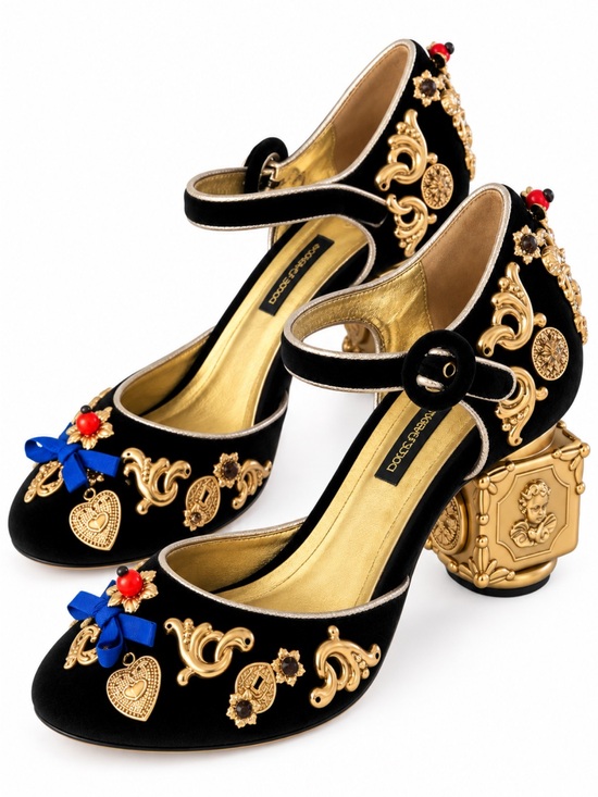 Dolce & Gabbana Shoes - Dolce & Gabbana Black Velvet Baroque Embellished Mary Jane Heels Italy 39 RARE